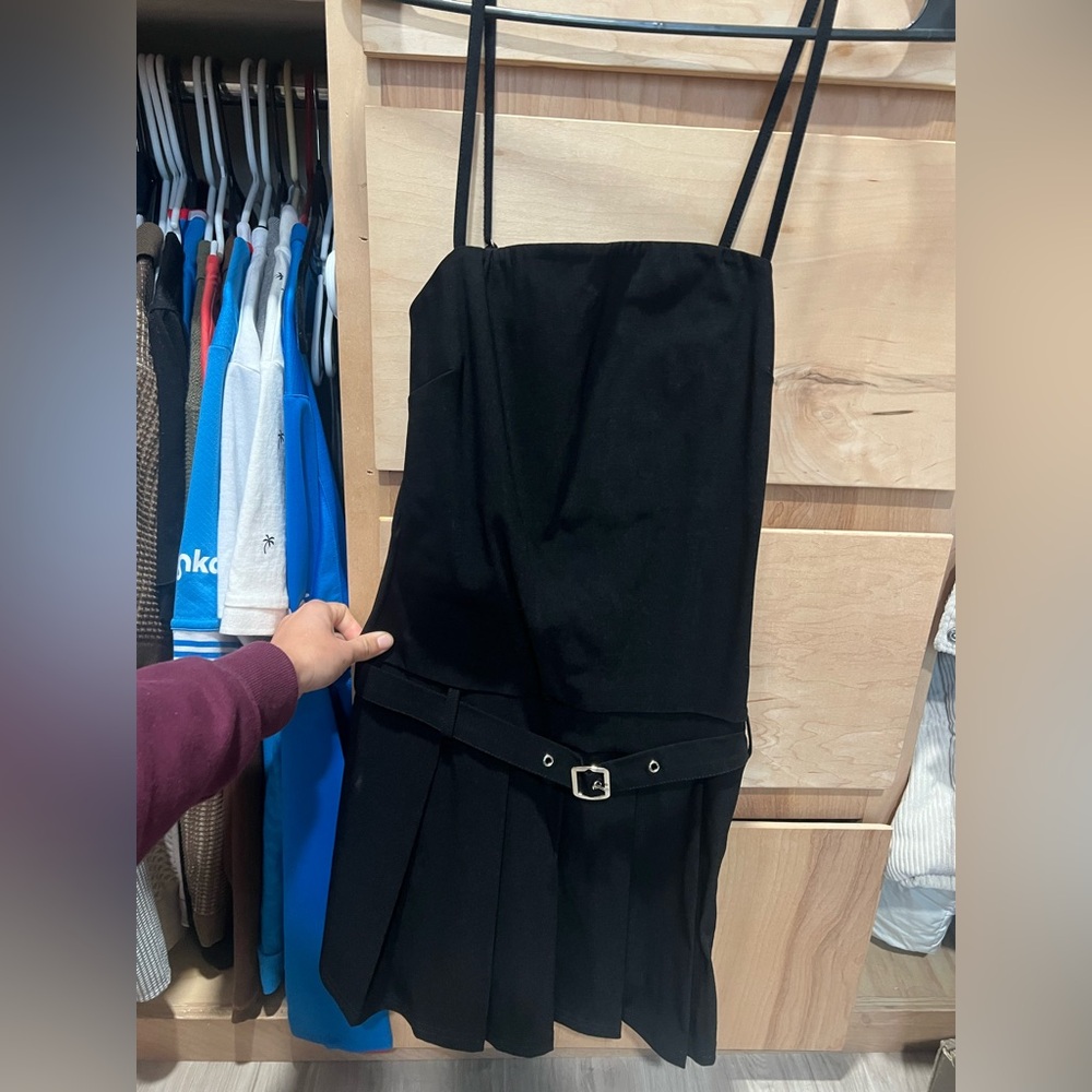 Black pleated Strap Dress with Belt